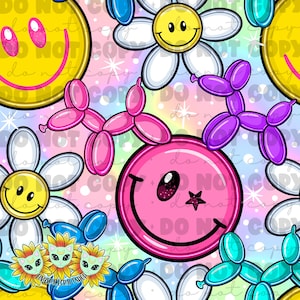 May include: A seamless pattern featuring a variety of colorful cartoon images, including smiley faces, daisies, and balloon animals. The background is a rainbow gradient with white polka dots.