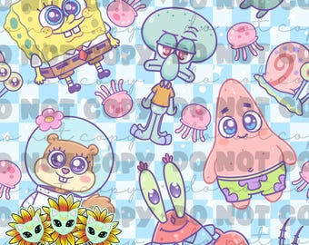 May include: A repeating pattern featuring cartoon characters SpongeBob SquarePants, Squidward, Patrick Star, Sandy Cheeks, Mr. Krabs, and jellyfish on a light blue checkered background. The image also includes three sunflower designs with alien cat faces and the text "TINYSPACECRAFTSHOP".