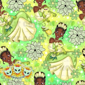 Può includere: Uno schema senza cuciture con una principessa dei cartoni animati con la pelle scura e un vestito verde, che tiene una rana. Lo sfondo è un gradiente giallo e verde con fiori e stelle.