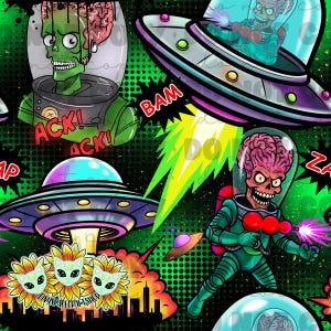 May include: A colourful, comic-style pattern featuring green aliens with exposed brains, in spacesuits, and flying saucers. The design includes the text "ACK!" and "BAM!" along with a cityscape and sunflower-cat hybrids. The background is a dark green with a dot pattern.