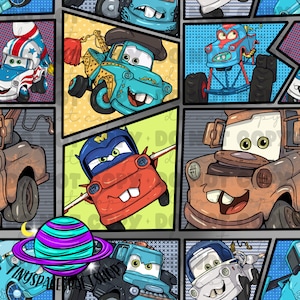 Könnte beinhalten: Ein farbenfrohes Comic-Muster mit verschiedenen Cartoon-Abschleppwagen in verschiedenen Posen und Farben. Die LKW haben unterschiedliche Gesichtsausdrücke und Accessoires, darunter einen Hut, einen Schnurrbart und einen Superhelden-Umhang. Der Hintergrund ist eine Mischung aus blauen, gelben und roten Comic-Panels.