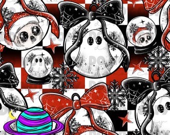 May include: A repeating pattern featuring white ghosts and skulls wearing Santa hats inside glass ornaments, accented with black and red bows, snowflakes, and red stars against a red and black checkered background, plus a colorful planet icon.