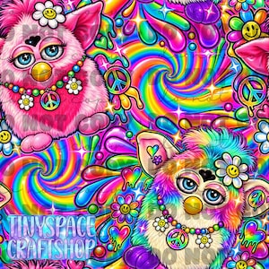 May include: A repeating pattern featuring two fuzzy creatures with large blue eyes and yellow beaks, adorned with flower and peace sign necklaces. The background is a vibrant rainbow swirl with stars, hearts, and peace signs. Text reads TINYSPACE CRAFTSHOP.