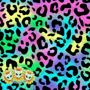 Könnte beinhalten: Ein nahtloses Muster mit einem schwarzen Leopardenmuster auf einem bunten Tie-Dye-Hintergrund. Die Farben im Tie-Dye sind Pink, Blau, Grün und Gelb.