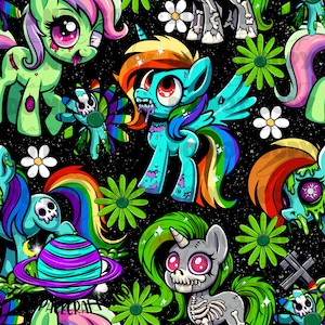 Peut inclure: Un motif sans couture représentant des licornes zombies de dessin animé colorées avec des crinières et des queues arc-en-ciel, des fleurs vertes et un fond noir.