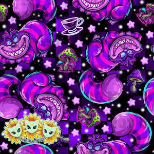 May include: A repeating pattern featuring the Cheshire Cat from Alice in Wonderland. The design includes the cat's grinning face and striped body in shades of purple and pink, along with mushrooms, stars, and a teacup on a checkered background.