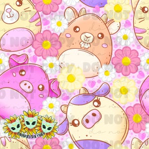 May include: A seamless pattern featuring cartoon animals with cute faces. The animals are a pig, a cow, a cat, and a goat. The background is pink with white polka dots and white and pink flowers.