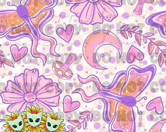 May include: A whimsical pattern featuring butterflies, flowers, hearts, mushrooms, and a crescent moon in shades of pink, orange, and purple. The design includes a repeating pattern of polka dots and floral elements. The text "tinyspacecraftshop" is visible.