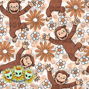 May include: A repeating pattern featuring the Curious George monkey character in various poses, interspersed with orange and white flowers, and small stars on a peach-colored background. The design includes the text "George" in a faded font.
