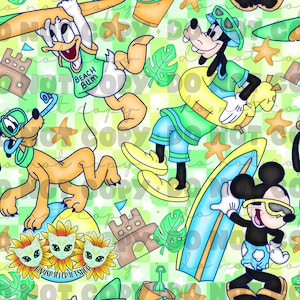 May include: A colorful, cartoon-style fabric design featuring Mickey Mouse, Goofy, Pluto, and Donald Duck enjoying a day at the beach. The design includes beach-themed elements like surfboards, beach umbrellas, sandcastles, and palm trees. The background is a checkered pattern in green and white.