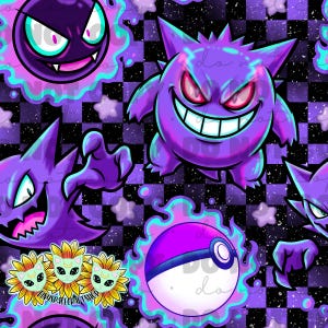 May include: A seamless pattern featuring various purple cartoon characters with menacing expressions, set against a black and white checkered background. The design includes stars, a Pokeball, and the text "TinySpaceCraftShop" on sunflowers.