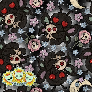 May include: A repeating pattern featuring black moth-like creatures with heart-shaped eyes, holding voodoo doll-like figures. The design includes pink and purple flowers, a crescent moon, and sunflowers with cat faces, all on a dark, starry background.