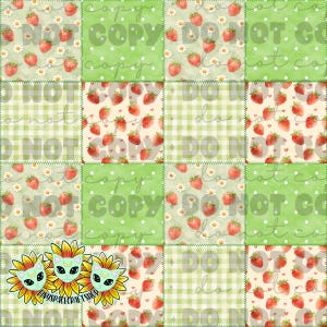 May include: A patchwork design featuring strawberries, daisies, and gingham patterns in shades of green and cream. The design includes the text "DO NOT COPY" and "TINYSPACECRAFTSHOP".