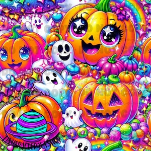 Könnte beinhalten: Ein farbenfrohes, glitzerndes Halloween-Muster mit Cartoon-Kürbissen mit Kulleraugen, Jack-o'-Lantern-Gesichtern und Geistern. Der Hintergrund ist eine Mischung aus Lila, Blau und Rosa mit Sternen und Regenbogenakzenten.
