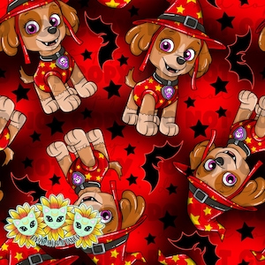 May include: A repeating pattern featuring a cartoon dog dressed as a witch, wearing a red hat and outfit with yellow stars. The background is a gradient of red with black stars and bat silhouettes. The dog has brown fur and purple eyes.