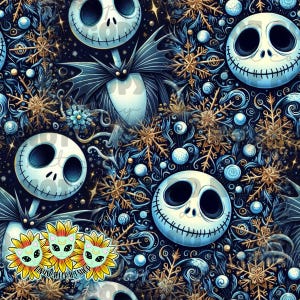 May include: A seamless pattern featuring Jack Skellington faces, snowflakes, and swirling blue and gold elements on a dark blue background. The design has a whimsical, spooky, and festive theme.