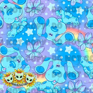 May include: A seamless pattern featuring light blue cartoon dogs with dark blue spots, flowers, and stars on a gradient background of purple, blue, and rainbow colors. The pattern includes the text "TinySpaceCraftShop".