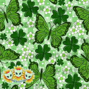 May include: A repeating pattern featuring green butterflies, four-leaf clovers, and small white flowers with yellow centers. The background is a light green checkered pattern. The text "tinyspacecraftshop" is visible on the bottom left.