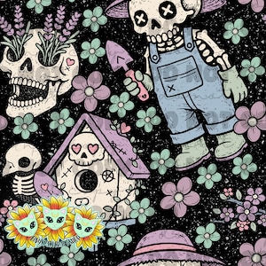 May include: A quirky pattern with a skeleton gardener in blue dungarees, holding a trowel, amidst flowers, skulls, and a birdhouse. The design includes sunflowers with cat faces on a black background.