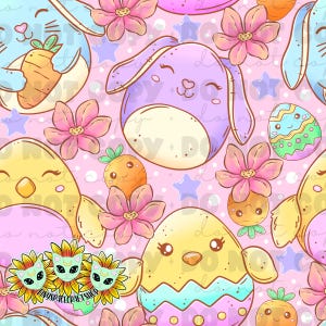 May include: A seamless pattern featuring pastel-colored cartoon bunnies, chicks, and eggs on a pink background. The design includes flowers, stars, and carrots. The pattern is perfect for Easter crafts and projects.