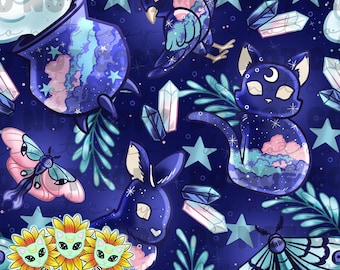 May include: A seamless pattern featuring celestial-themed illustrations on a dark blue background. The design includes a cat, bird, rabbit, and moth, each with a starry or cloudy interior. Crystals, stars, and floral elements complete the whimsical design.