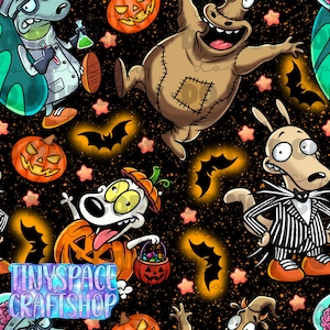 May include: A seamless pattern featuring cartoon characters in Halloween costumes, including a dog in a pumpkin suit, a stitched burlap figure, and a character in a pinstripe suit, set against a black background with bats, pumpkins, and stars.