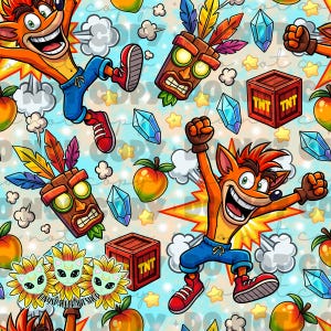 May include: A repeating pattern featuring the character Crash Bandicoot in various poses, along with TNT crates, crystals, and tribal masks. The design includes peaches, stars, and cartoon explosions on a light blue background.