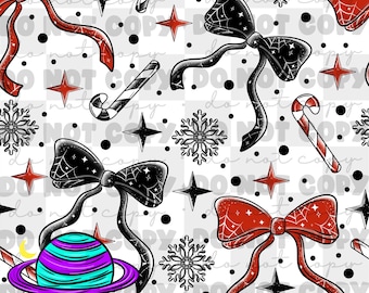 May include: A repeating pattern featuring red and black bows with spiderweb details, candy canes, snowflakes, and four-pointed stars. A purple and teal planet with rings is positioned in the lower left corner. Black dots are scattered throughout.