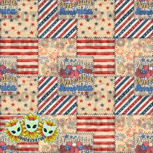 May include: A patriotic patchwork design featuring red, white, and blue elements. The design includes stars, stripes, fireworks, and the word "America" in a vintage font. The overall theme is a celebration of American patriotism.