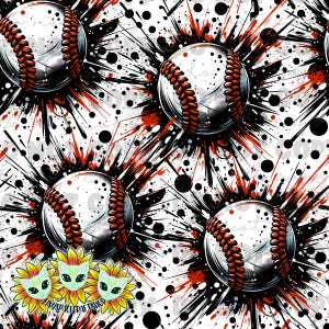 May include: A seamless pattern featuring baseballs with red stitching against a white background with black and red splatters.