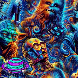 May include: A psychedelic digital art print featuring Star Wars characters Chewbacca, Yoda, and C-3PO. The characters are rendered in a vibrant rainbow color palette with swirling patterns.