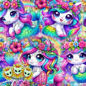 May include: A seamless pattern featuring colorful mermaid unicorns with rainbow hair and flower crowns. The unicorns have large eyes and are wearing seashells. The background is a rainbow gradient with flowers and bubbles.
