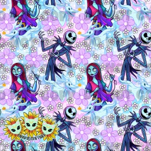 Può includere: Un motivo ripetuto con personaggi di Nightmare Before Christmas. Jack Skellington, Sally e Zero sono raffigurati con fiori viola e rosa su sfondo azzurro. Il testo "tinyspacecraftshop" è visibile.