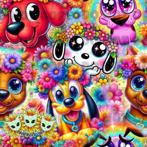 May include: A vibrant, colorful pattern featuring cartoon dogs with large eyes and flower crowns. The design includes a variety of flowers in shades of pink, yellow, blue, and purple. The text "TinySpaceCraftShop" is visible.