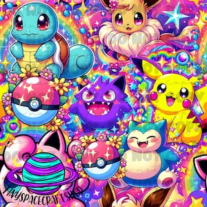 May include: A colourful and vibrant digital illustration featuring various Pokemon characters, including Pikachu, Squirtle, and Gengar. The background is filled with stars, hearts, and rainbows, creating a whimsical and playful aesthetic.