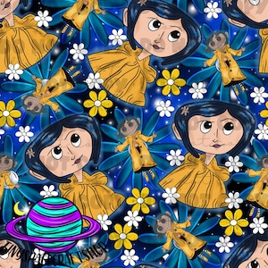 Könnte beinhalten: Ein sich wiederholendes Muster mit einem Cartoon-Mädchen in einem gelben Regenmantel, umgeben von blauen und gelben Blumen, weißen Sternen und einem Planeten mit lila und türkisfarbenen Streifen. Der Hintergrund ist dunkelblau.