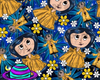 Könnte beinhalten: Ein sich wiederholendes Muster mit einem Cartoon-Mädchen in einem gelben Regenmantel, umgeben von blauen und gelben Blumen, weißen Sternen und einem Planeten mit lila und türkisfarbenen Streifen. Der Hintergrund ist dunkelblau.