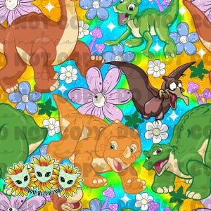 May include: A bright, seamless pattern with cartoon dinosaurs in brown, orange, and green, set against a background of flowers, mushrooms, and a rainbow gradient. The design includes the text "NOT FOR COPY".