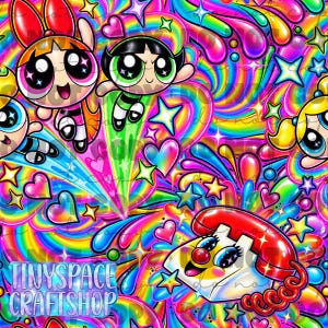 May include: A vibrant, repeating pattern featuring the Powerpuff Girls characters alongside a smiling red and white telephone, set against a background of swirling rainbow colours, glowing stars, and hearts with the text TINYSPACE CRAFTSHOP.