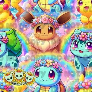 May include: A seamless pattern featuring cartoon characters with floral crowns. The characters are a green turtle, a brown Eevee, and a yellow Pikachu. The background is a pastel pink with rainbows and stars.