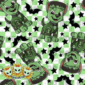 May include: A repeating pattern featuring cartoon dogs dressed as Frankenstein's monster, with green skin and stitched details. Black bats and stars are scattered across a green and white checkered background. The design has a Halloween theme.