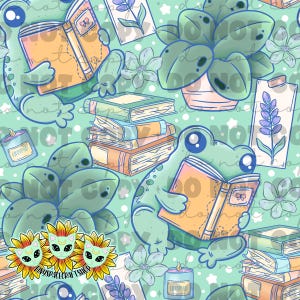 May include: A repeating pattern featuring cartoon frogs reading books, stacks of books, potted plants, candles, and flowers on a light green background. The design includes the text "tinyspacecraftshop".