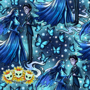 May include: A repeating pattern featuring illustrations of a bride and groom in blue attire, surrounded by blue butterflies and stars. The bride wears a veil and holds a bouquet. The background is a gradient of blues.