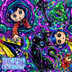 May include: A vibrant digital pattern featuring a character with blue hair and button eyes, a black cat with large eyes, a skeleton key, and a mouse in a red uniform. The design includes neon swirls of purple, blue, and green with star accents.