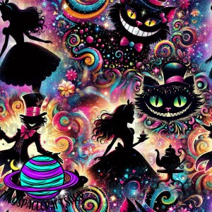 May include: A colourful, psychedelic pattern featuring Alice in Wonderland characters, including the Cheshire Cat, the Mad Hatter, and Alice herself. The background is a swirling mix of pink, purple, blue, and green with glitter accents.