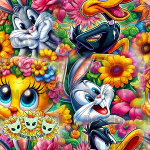May include: A colorful digital illustration featuring Bugs Bunny, Daffy Duck, and Tweety Bird surrounded by bright flowers. The characters are cartoonish and whimsical, with vibrant colors and playful expressions.