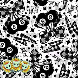 May include: A repeating pattern featuring black and white elements. The design includes eight balls, checkered bows, lightning bolts, stars, and polka dots. The image also includes three sunflowers with cat faces and the text "tinyspacecraftshop".