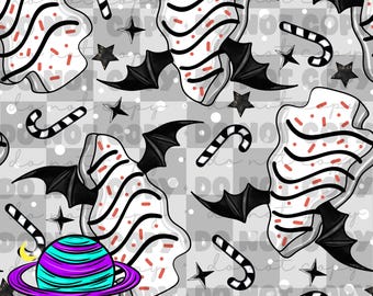 May include: A seamless pattern featuring a white and red frosted Christmas tree with sprinkles, black bat wings, and black and white candy canes on a gray and white checkered background.
