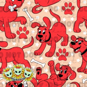 May include: A seamless pattern featuring a red cartoon dog with a bone in its mouth. The background is a light peach color with white stars and paw prints.