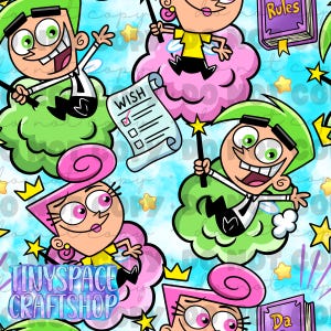 Può includere: Un motivo ripetitivo con personaggi dei cartoni animati con capelli verdi e rosa, camicie gialle e pantaloni neri, che tengono bacchette magiche. Il design include nuvole rosa e verdi, stelle gialle, una pergamena etichettata WISH e libri etichettati Rules.